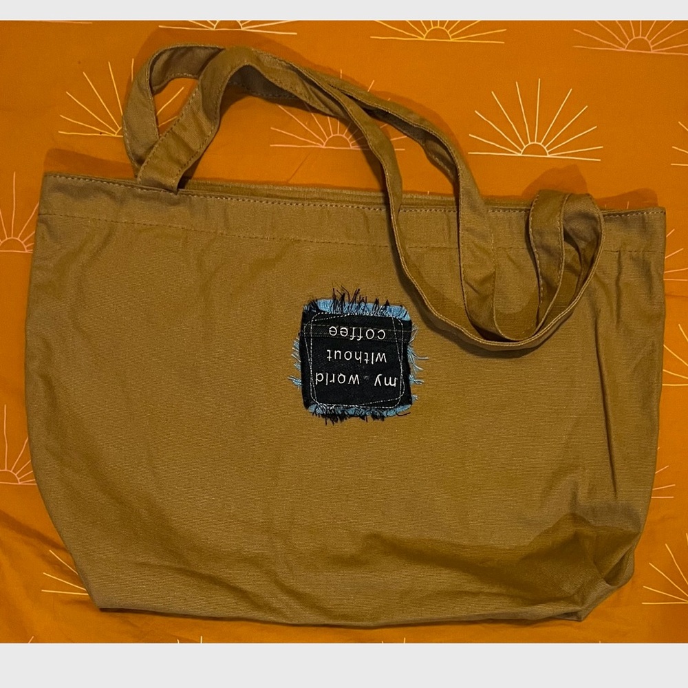 New My world w/o coffee canvas tote,handmade distressed denim embroidered patch